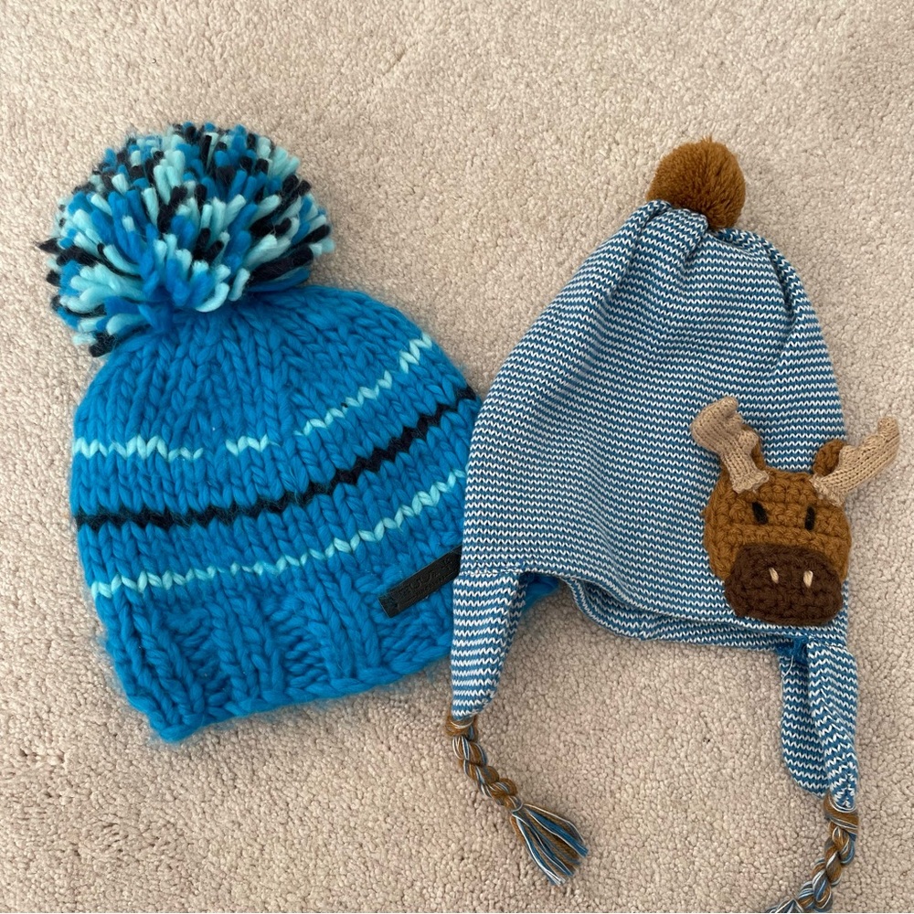 Blue Knit Pom-Pom Hat and Striped Moose Beanie 0-9 months